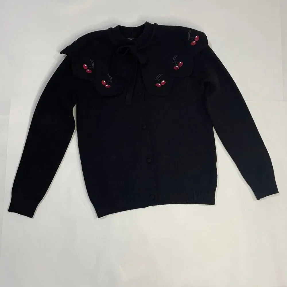 Girls Black Cardigan Sweater with Cherry Peter Pan Collar Tie Neck Size 12‎